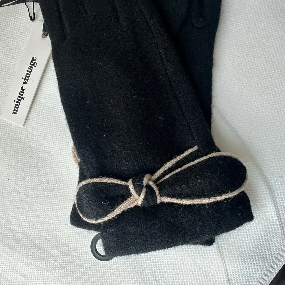 Unique Vintage Gloves- Black/ Beige Bow Wrist Glove